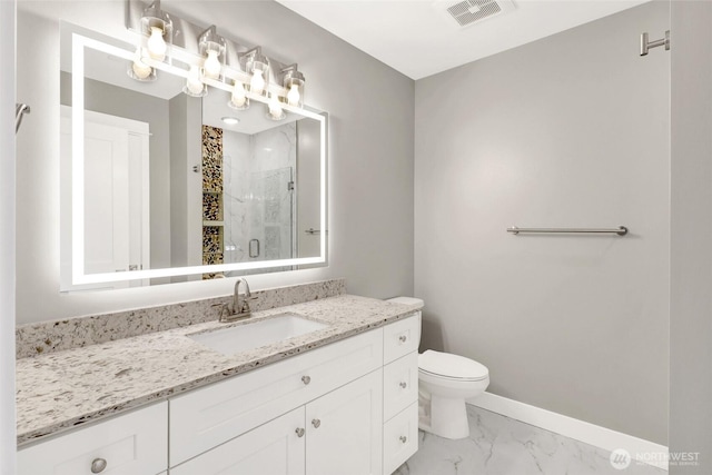 full bathroom featuring visible vents, toilet, marble finish floor, a stall shower, and baseboards