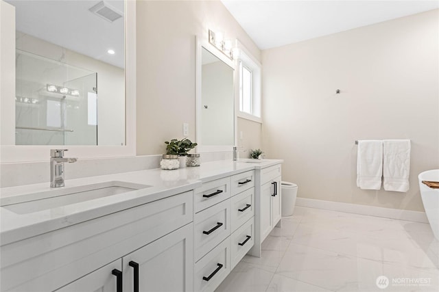 bathroom with visible vents, baseboards, an enclosed shower, marble finish floor, and a sink