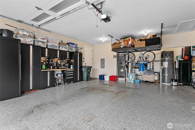 garage with electric panel, a garage door opener, and high end black fridge