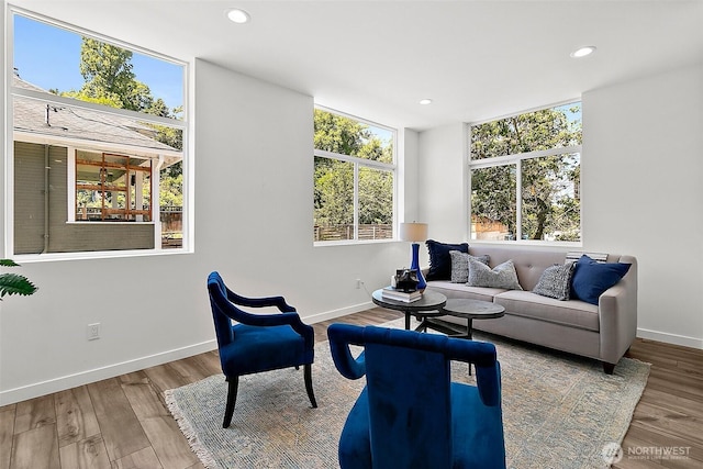 living room featuring recessed lighting, baseboards, and wood finished floors