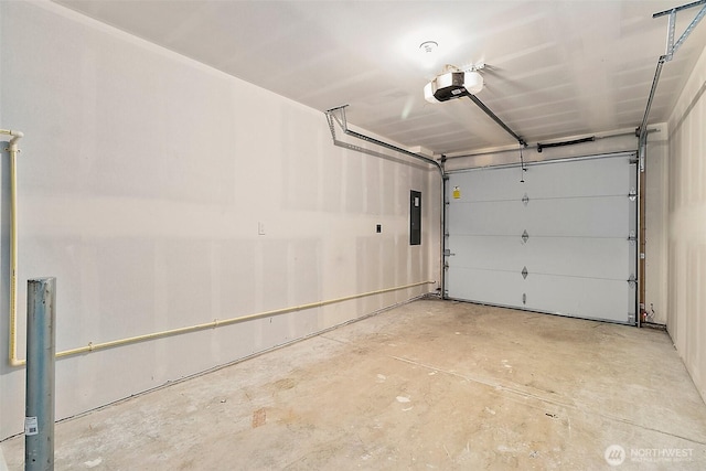 garage featuring electric panel and a garage door opener