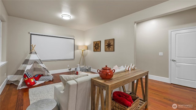 home theater room featuring baseboards and wood finished floors