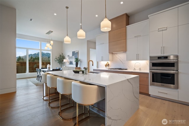 kitchen with light wood-style flooring, a sink, appliances with stainless steel finishes, modern cabinets, and backsplash