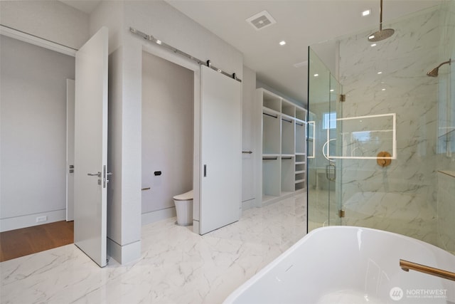 3119 Heron St, Woodland, WA 98674 - full bath featuring visible vents, marble finish floor, recessed lighting, a marble finish shower, and a freestanding bath
