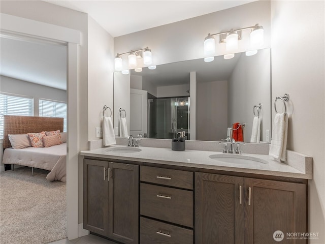 bathroom featuring a sink, a shower stall, and double vanity