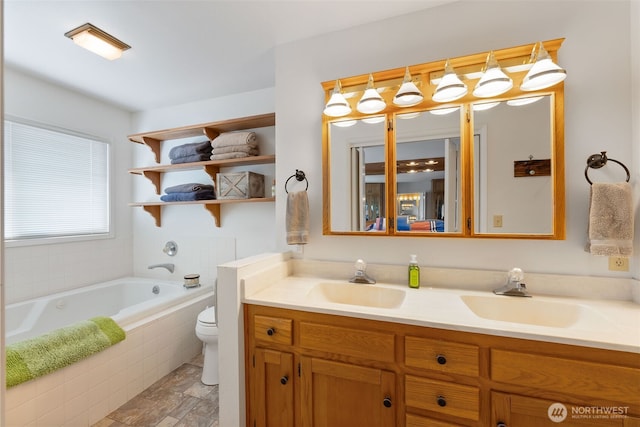 4596 Woodcock Rd, Sequim, WA 98382 - bathroom with a sink, toilet, double vanity, and a garden tub
