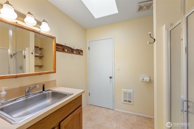 4596 Woodcock Rd, Sequim, WA 98382 - bathroom featuring an enclosed shower, a skylight, and visible vents