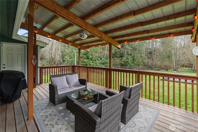 deck with a yard, an outdoor hangout area, and a grill