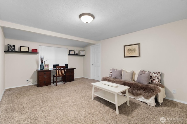 office area featuring baseboards, carpet floors, and a textured ceiling