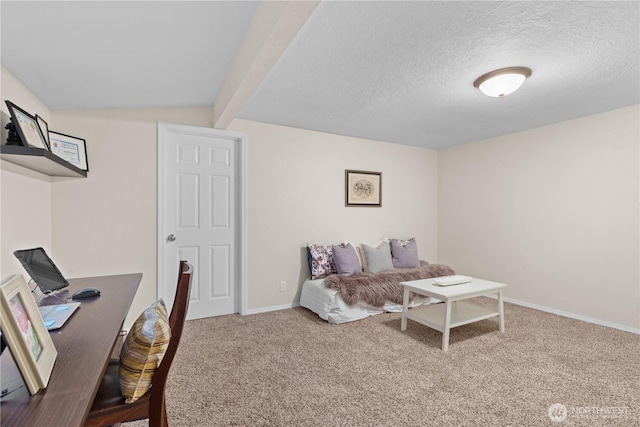 carpeted bedroom with vaulted ceiling with beams, baseboards, and a textured ceiling