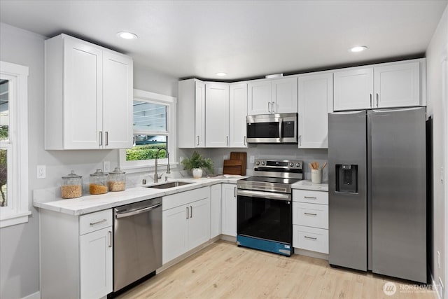 kitchen with white cabinets, appliances with stainless steel finishes, and a sink