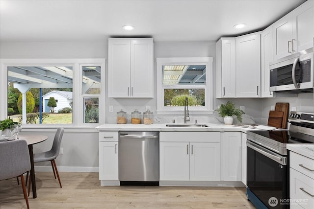 kitchen with a sink, stainless steel appliances, plenty of natural light, and white cabinetry