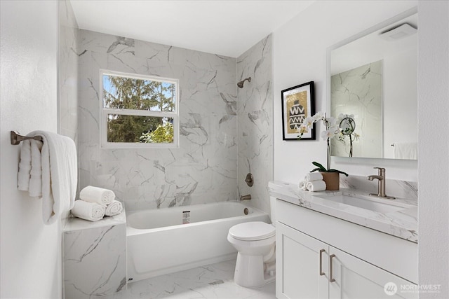 bathroom with visible vents, toilet, marble finish floor, shower / bathing tub combination, and vanity