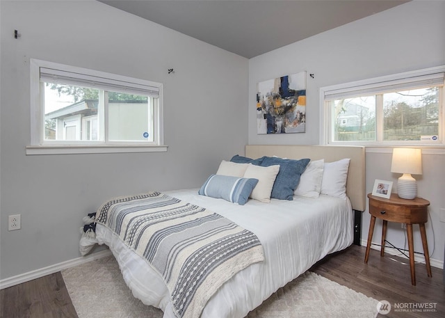 bedroom featuring multiple windows, wood finished floors, and baseboards