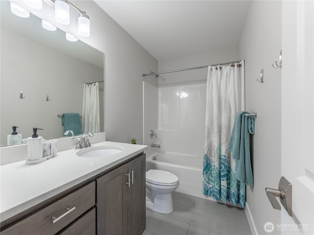 full bathroom with toilet, vanity, and shower / bath combination with curtain