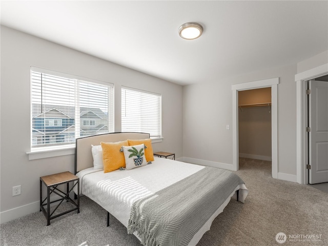 bedroom featuring a closet, a walk in closet, baseboards, and carpet floors