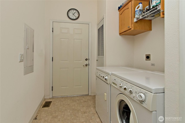 laundry room with visible vents, independent washer and dryer, electric panel, cabinet space, and baseboards