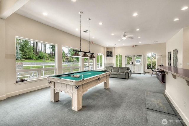 recreation room with billiards, recessed lighting, carpet, and ceiling fan