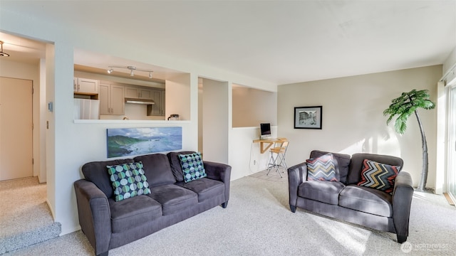 living area featuring light colored carpet