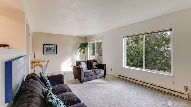 living room with carpet floors and a baseboard radiator