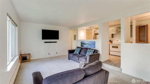 living room with light carpet and a baseboard heating unit