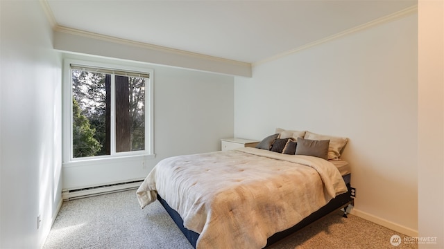 bedroom featuring baseboards, crown molding, carpet, and a baseboard radiator