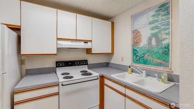 kitchen featuring white appliances, a sink, white cabinets, under cabinet range hood, and a textured ceiling