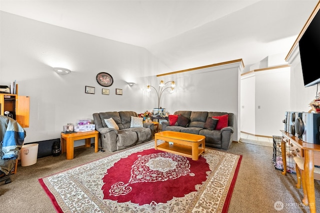 living room featuring carpet flooring and lofted ceiling