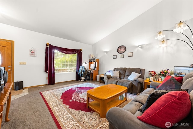 carpeted living room featuring baseboards, high vaulted ceiling, and a notable chandelier