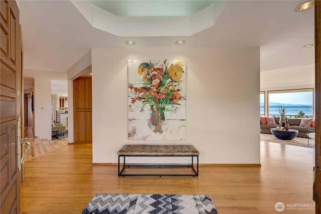 1200 Viewland Way, Edmonds, WA 98020 - hall featuring light wood-style flooring, baseboards, a tray ceiling, and recessed lighting
