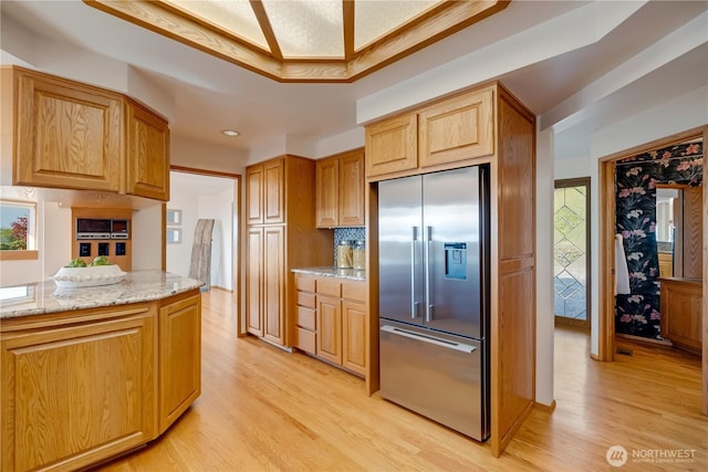 1200 Viewland Way, Edmonds, WA 98020 - kitchen featuring stainless steel built in fridge, light wood-style floors, light stone countertops, ornamental molding, and recessed lighting