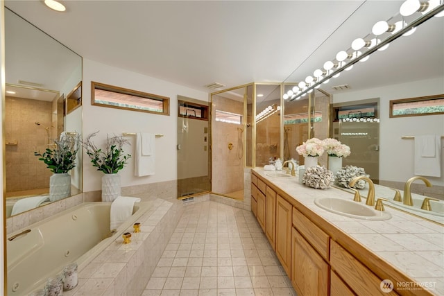 1200 Viewland Way, Edmonds, WA 98020 - full bathroom featuring a tub with jets, a stall shower, double vanity, tile patterned flooring, and recessed lighting