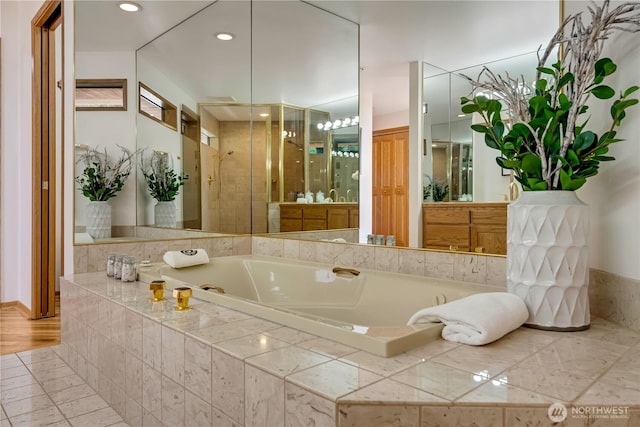 1200 Viewland Way, Edmonds, WA 98020 - full bath featuring a bath, vanity, a stall shower, and recessed lighting