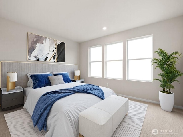 carpeted bedroom with recessed lighting and baseboards