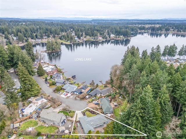 drone / aerial view with a view of trees, a water view, and a residential view