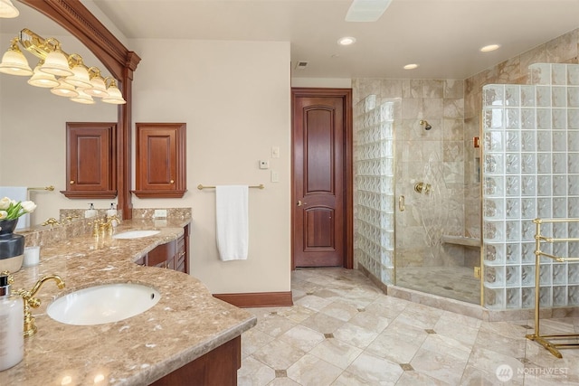 18212 244th Ave NE, Woodinville, WA 98077 - full bath featuring a shower stall, vanity, baseboards, and recessed lighting