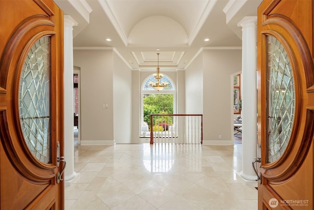 18212 244th Ave NE, Woodinville, WA 98077 - foyer entrance with decorative columns, light tile patterned flooring, baseboards, recessed lighting, and crown molding
