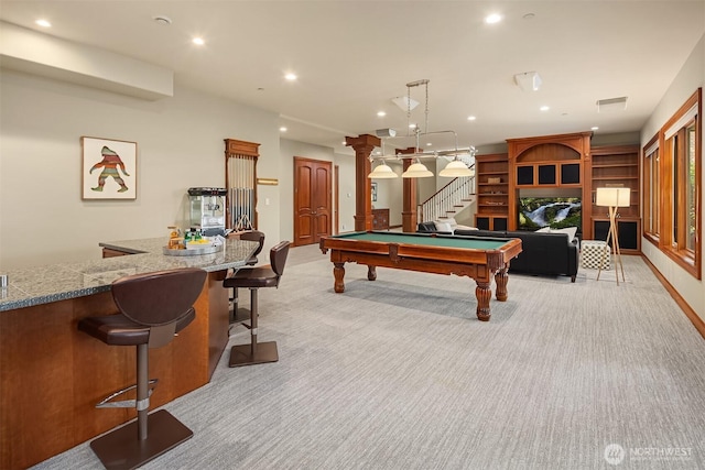 18212 244th Ave NE, Woodinville, WA 98077 - rec room with light colored carpet, billiards table, recessed lighting, baseboards, and bar area
