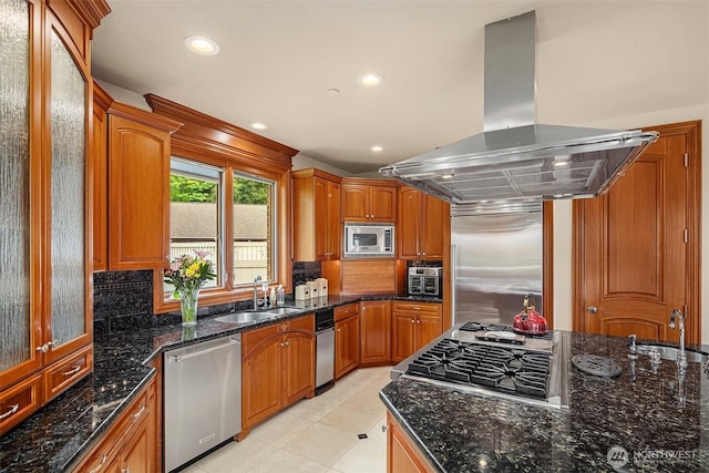 18212 244th Ave NE, Woodinville, WA 98077 - kitchen featuring island exhaust hood, built in appliances, a sink, tasteful backsplash, and recessed lighting