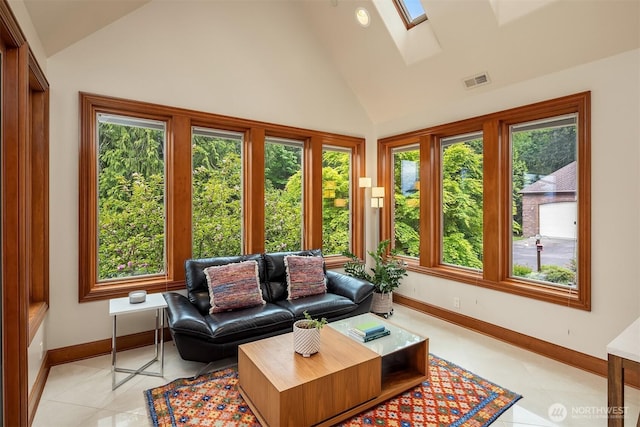18212 244th Ave NE, Woodinville, WA 98077 - sunroom / solarium featuring baseboards, a skylight, tile patterned flooring, and high vaulted ceiling