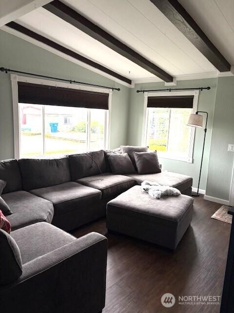 living room featuring baseboards, lofted ceiling with beams, and dark wood-type flooring