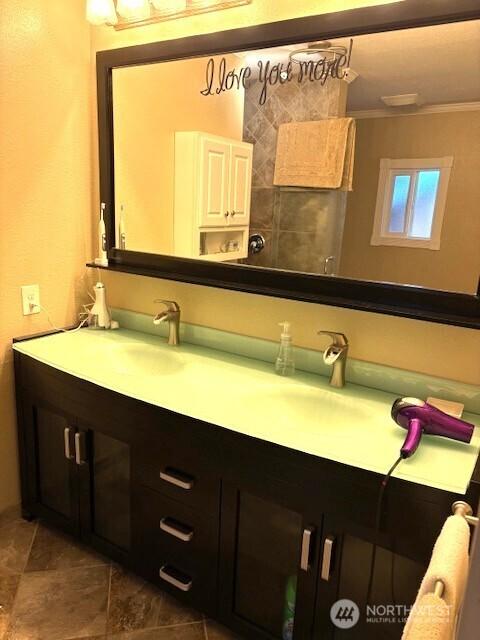 bathroom featuring ornamental molding and vanity