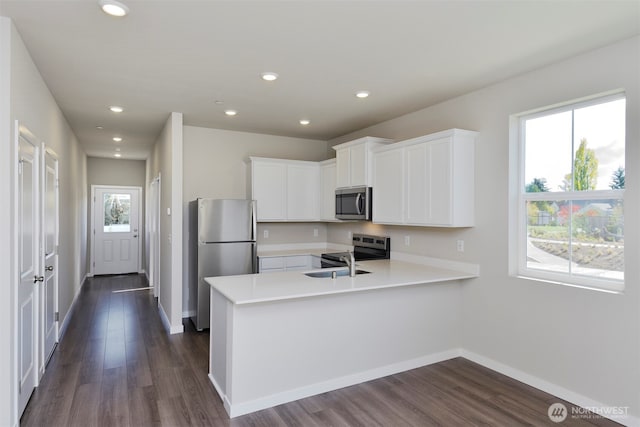 kitchen with light countertops, a peninsula, dark wood-style flooring, and stainless steel appliances