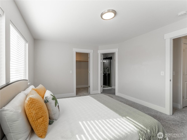 carpeted bedroom with a walk in closet, baseboards, and a closet