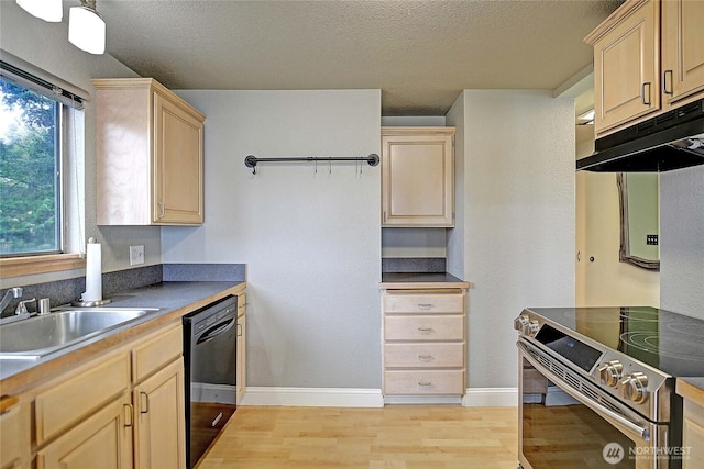 kitchen with light brown cabinets, under cabinet range hood, dishwasher, light wood-style floors, and electric range