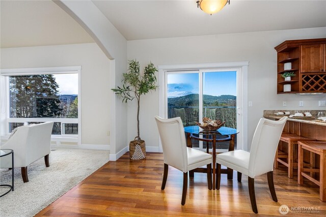 dining room with arched walkways, plenty of natural light, baseboards, and wood finished floors