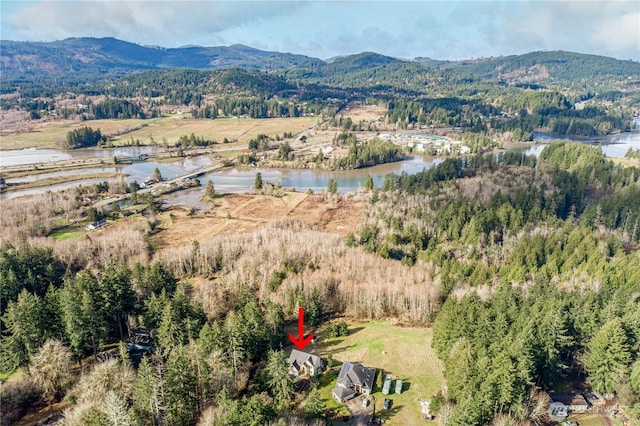 birds eye view of property featuring a view of trees and a water and mountain view