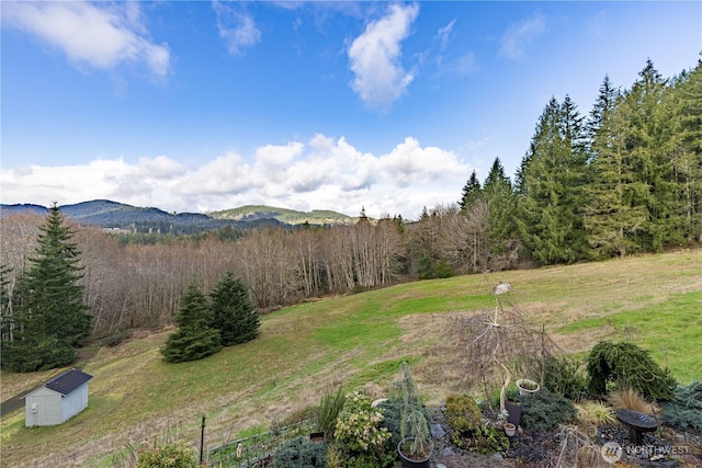 view of yard featuring an outdoor structure, a mountain view, a storage unit, and a wooded view