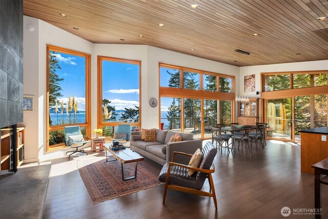 living area featuring dark wood-style floors, plenty of natural light, recessed lighting, and wooden ceiling