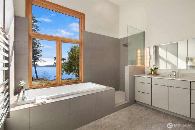bathroom featuring a bath, a walk in shower, and vanity
